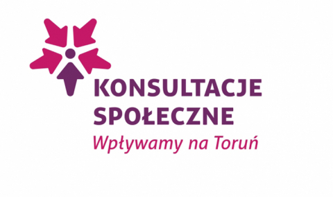 logo konsultacji społecznych z dopiskiem wpływamy na Toruń, 4 strzałki skierowane do środka w kolorze różowym i jedna strzałka w kolorze fioletowym